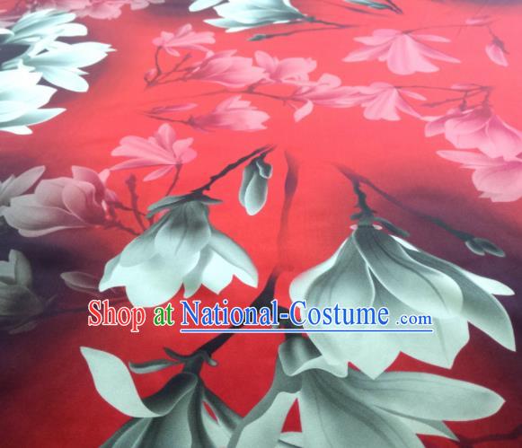 Chinese Traditional Yulan Magnolia Pattern Design Red Satin Watered Gauze Brocade Fabric Asian Silk Fabric Material