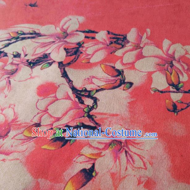 Chinese Traditional Yulan Magnolia Pattern Design Peach Pink Satin Watered Gauze Brocade Fabric Asian Silk Fabric Material