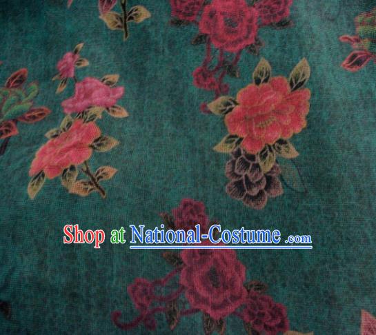 Chinese Traditional Peony Pattern Design Deep Green Satin Watered Gauze Brocade Fabric Asian Silk Fabric Material