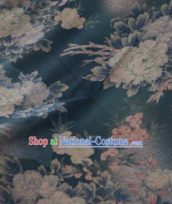 Chinese Traditional Peony Pattern Design Peacock Green Satin Watered Gauze Brocade Fabric Asian Silk Fabric Material