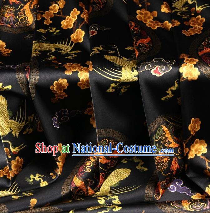 Chinese Traditional Dragon Crane Pattern Design Black Satin Watered Gauze Brocade Fabric Asian Silk Fabric Material