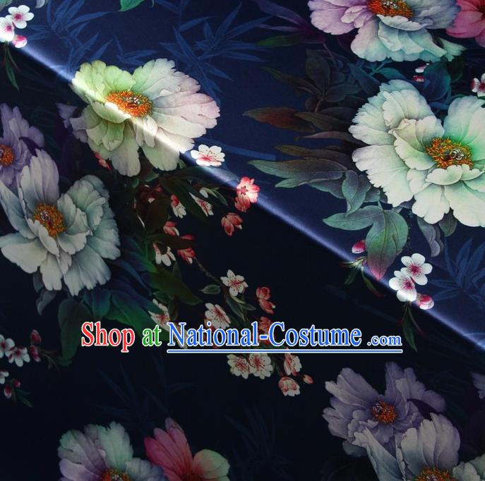 Chinese Traditional Peony Pattern Design Navy Satin Watered Gauze Brocade Fabric Asian Silk Fabric Material