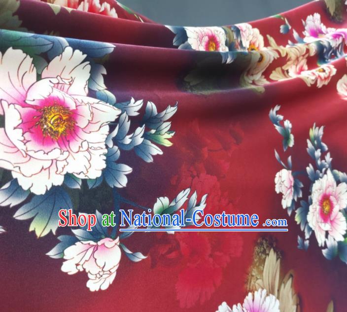 Chinese Traditional Peony Pattern Design Red Satin Watered Gauze Brocade Fabric Asian Silk Fabric Material