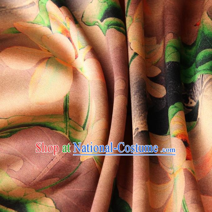 Chinese Traditional Lotus Pattern Design Khaki Satin Watered Gauze Brocade Fabric Asian Silk Fabric Material