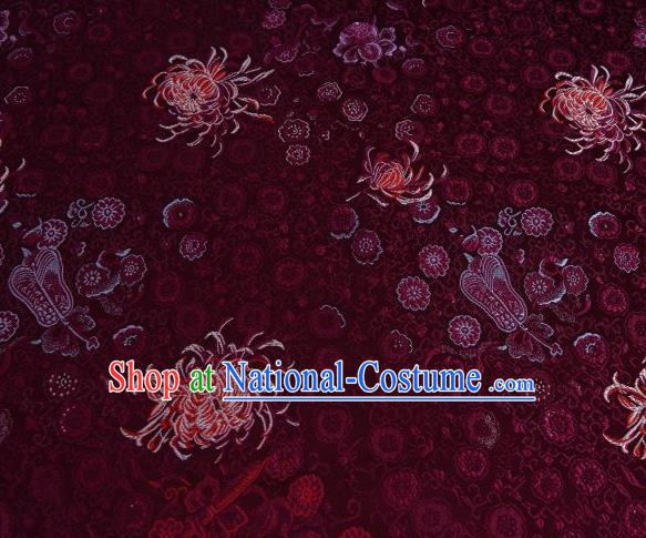 Chinese Classical Chrysanthemum Pattern Design Dark Red Brocade Asian Traditional Hanfu Silk Fabric Tang Suit Fabric Material