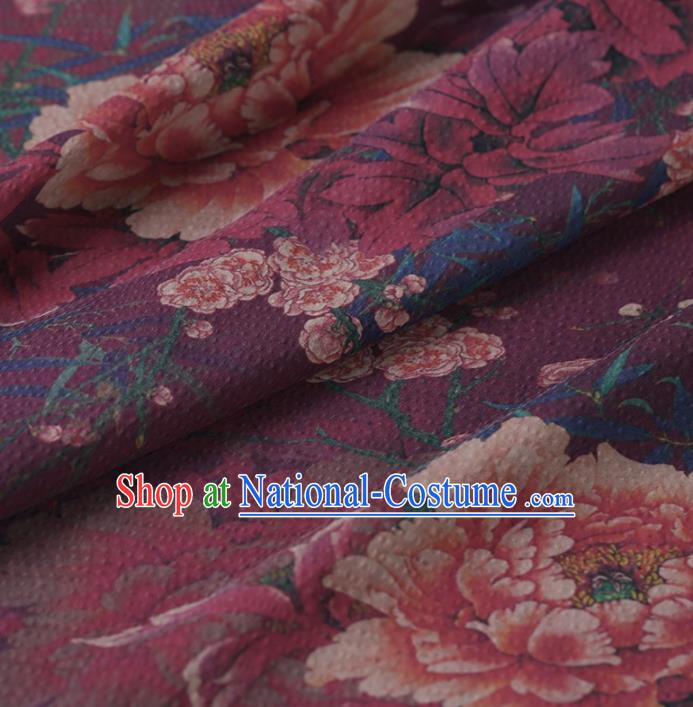 Chinese Traditional Peony Plum Pattern Design Purple Satin Watered Gauze Brocade Fabric Asian Silk Fabric Material