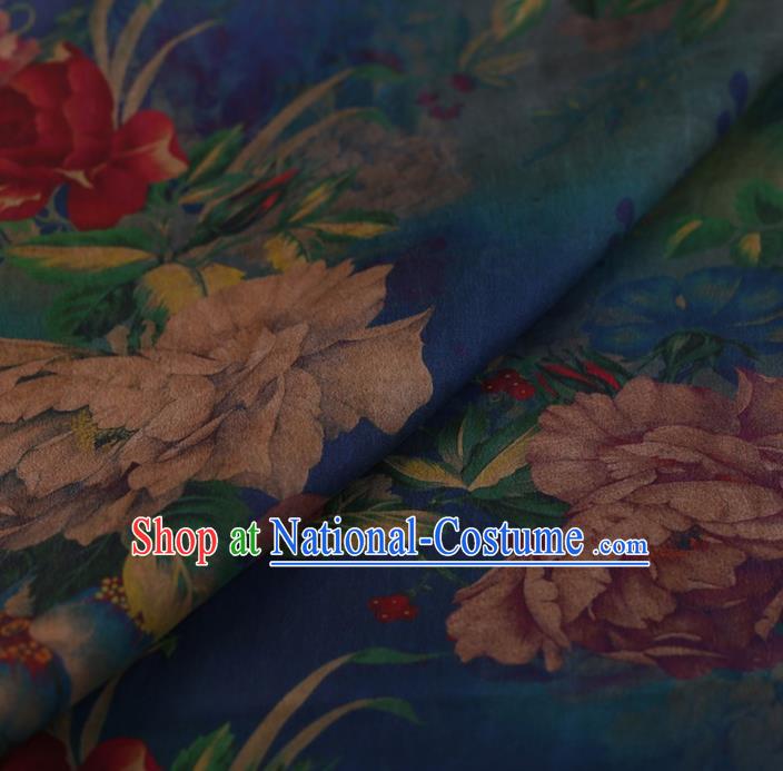 Traditional Chinese Satin Classical Peony Pattern Design Blue Watered Gauze Brocade Fabric Asian Silk Fabric Material