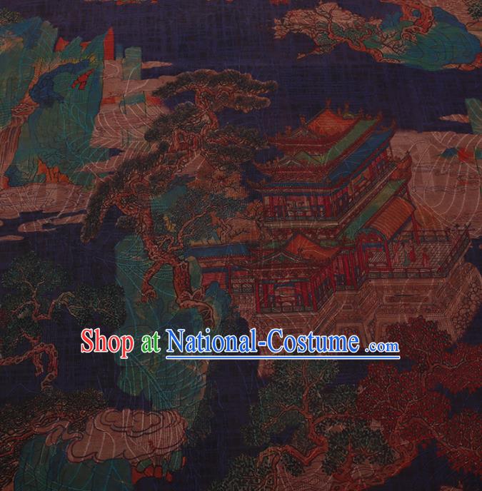 Traditional Chinese Satin Classical Palace Pattern Design Navy Watered Gauze Brocade Fabric Asian Silk Fabric Material