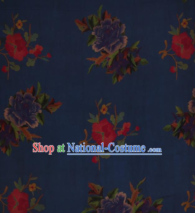 Traditional Chinese Satin Classical Peony Flowers Pattern Design Navy Watered Gauze Brocade Fabric Asian Silk Fabric Material