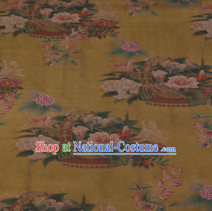 Traditional Chinese Satin Classical Flowers Basket Pattern Design Yellow Watered Gauze Brocade Fabric Asian Silk Fabric Material