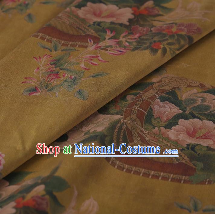 Traditional Chinese Satin Classical Flowers Basket Pattern Design Yellow Watered Gauze Brocade Fabric Asian Silk Fabric Material