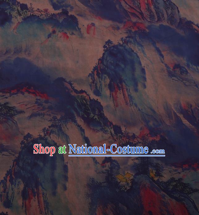 Traditional Chinese Satin Classical Landscape Pattern Design Blue Watered Gauze Brocade Fabric Asian Silk Fabric Material