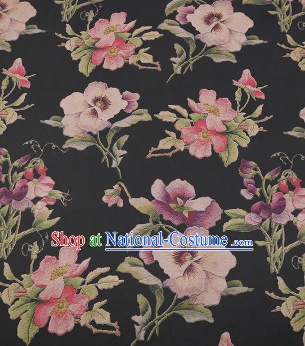 Traditional Chinese Satin Classical Peach Blossom Pattern Design Black Watered Gauze Brocade Fabric Asian Silk Fabric Material