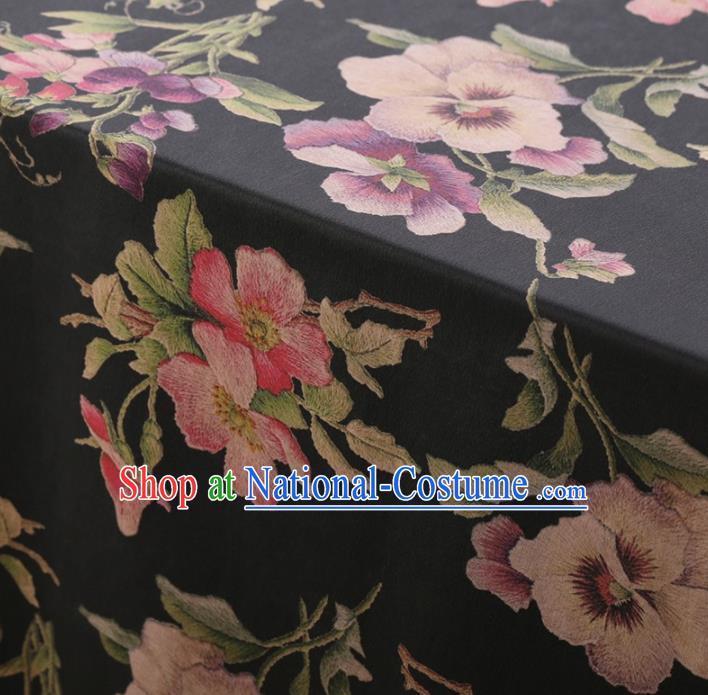 Traditional Chinese Satin Classical Peach Blossom Pattern Design Black Watered Gauze Brocade Fabric Asian Silk Fabric Material