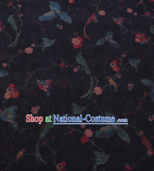 Traditional Chinese Satin Classical Birds Pattern Design Black Watered Gauze Brocade Fabric Asian Silk Fabric Material