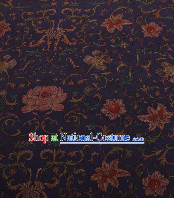 Traditional Chinese Satin Classical Lotus Pattern Design Navy Watered Gauze Brocade Fabric Asian Silk Fabric Material