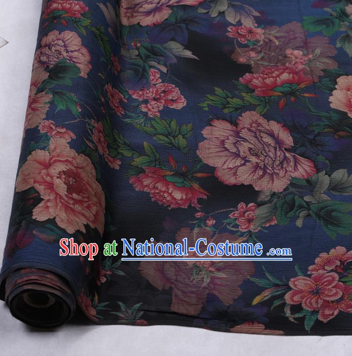 Chinese Traditional Peony Flowers Pattern Design Navy Satin Watered Gauze Brocade Fabric Asian Silk Fabric Material