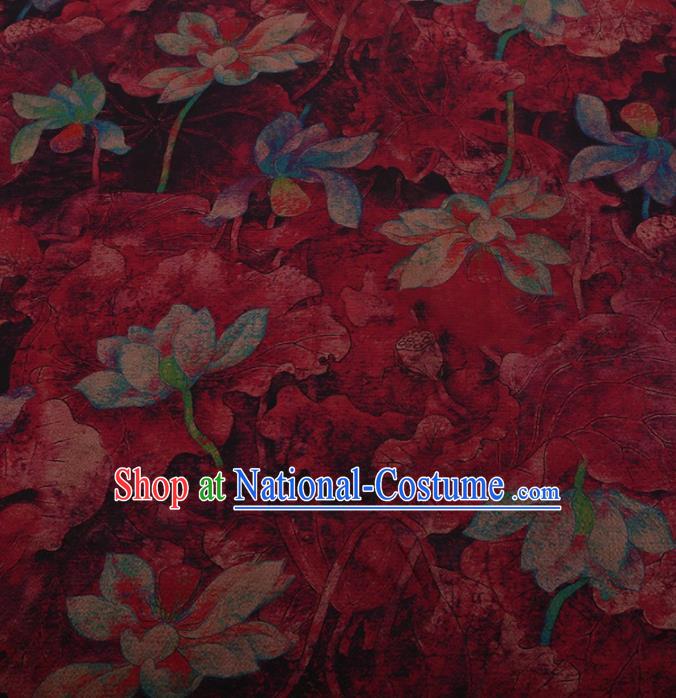 Traditional Chinese Satin Classical Lotus Pattern Design Wine Red Watered Gauze Brocade Fabric Asian Silk Fabric Material