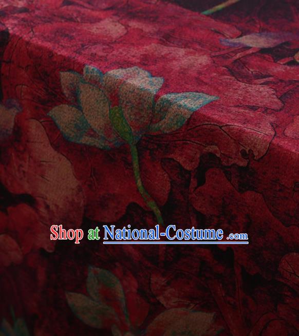 Traditional Chinese Satin Classical Lotus Pattern Design Wine Red Watered Gauze Brocade Fabric Asian Silk Fabric Material