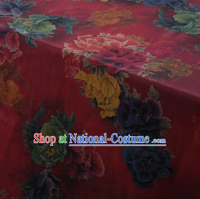 Traditional Chinese Classical Peony Pattern Design Red Satin Watered Gauze Brocade Fabric Asian Silk Fabric Material