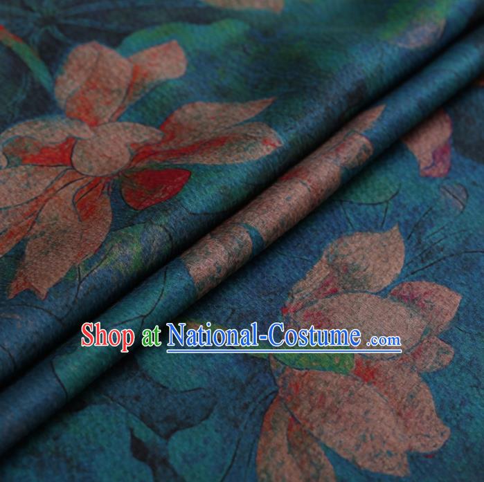 Traditional Chinese Satin Classical Lotus Pattern Design Blue Watered Gauze Brocade Fabric Asian Silk Fabric Material