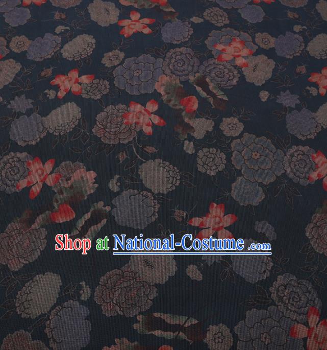 Traditional Chinese Satin Classical Lotus Peony Pattern Design Navy Watered Gauze Brocade Fabric Asian Silk Fabric Material