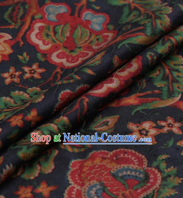 Traditional Chinese Satin Classical Twine Peony Pattern Design Navy Watered Gauze Brocade Fabric Asian Silk Fabric Material