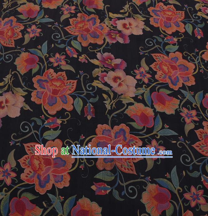 Traditional Chinese Satin Classical Twine Flowers Pattern Design Navy Watered Gauze Brocade Fabric Asian Silk Fabric Material