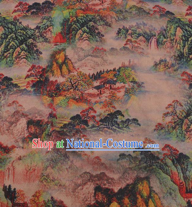 Traditional Chinese Satin Classical Landscape Pattern Design Watered Gauze Brocade Fabric Asian Silk Fabric Material