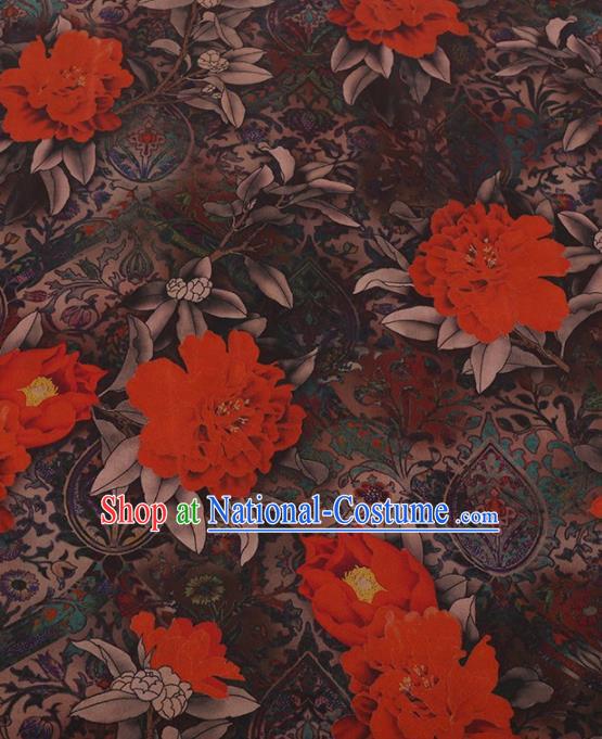 Traditional Chinese Satin Classical Red Peony Pattern Design Watered Gauze Brocade Fabric Asian Silk Fabric Material