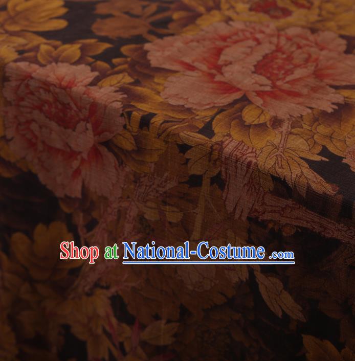 Traditional Chinese Classical Peony Pattern Design Brown Satin Watered Gauze Brocade Fabric Asian Silk Fabric Material