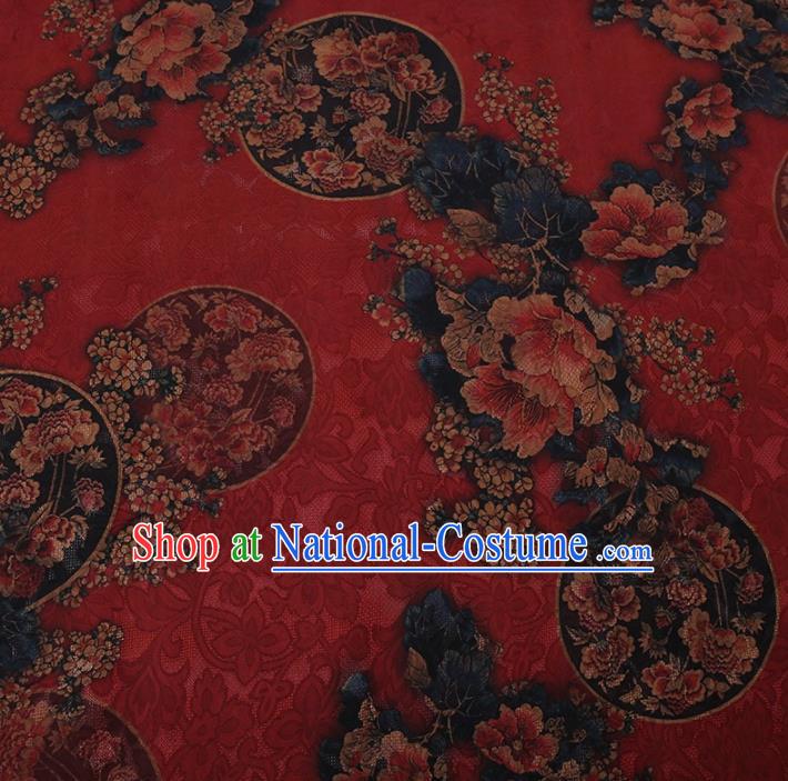 Traditional Chinese Satin Classical Round Peony Pattern Design Red Watered Gauze Brocade Fabric Asian Silk Fabric Material