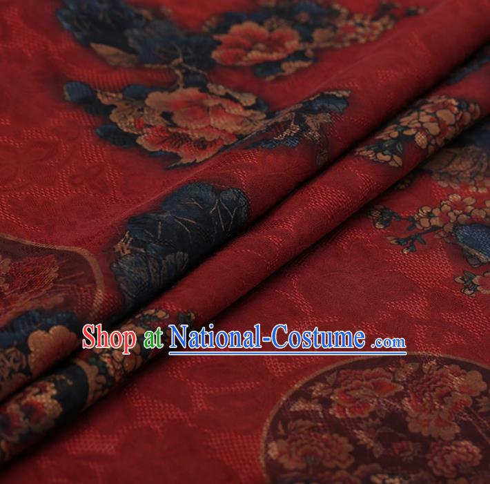 Traditional Chinese Satin Classical Round Peony Pattern Design Red Watered Gauze Brocade Fabric Asian Silk Fabric Material