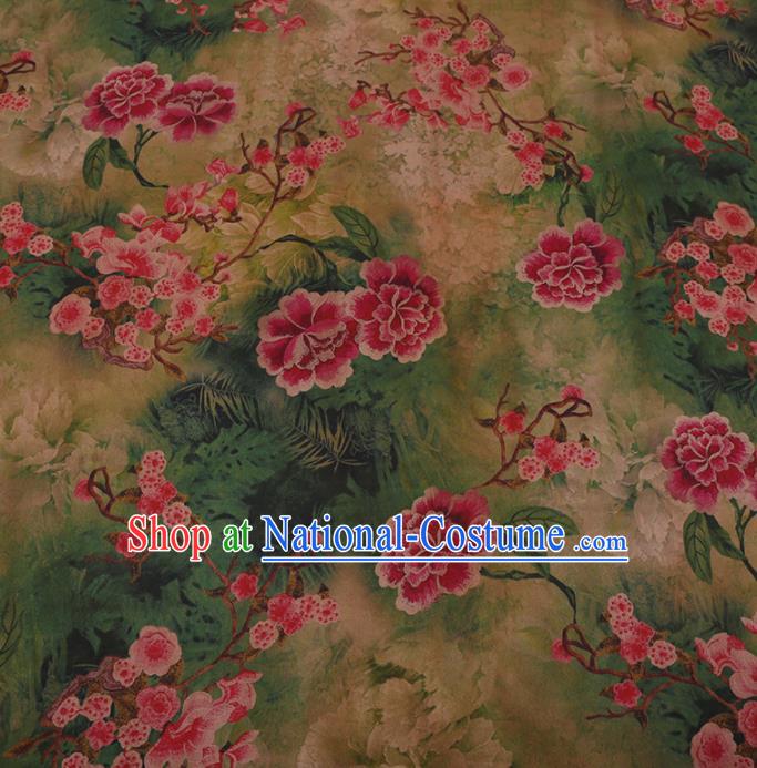 Traditional Chinese Satin Classical Peach Peony Pattern Design Green Watered Gauze Brocade Fabric Asian Silk Fabric Material