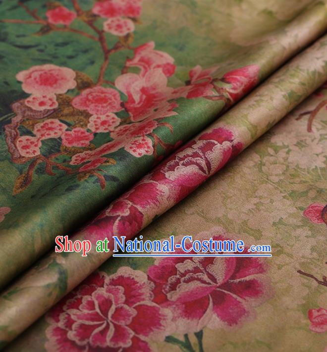 Traditional Chinese Satin Classical Peach Peony Pattern Design Green Watered Gauze Brocade Fabric Asian Silk Fabric Material