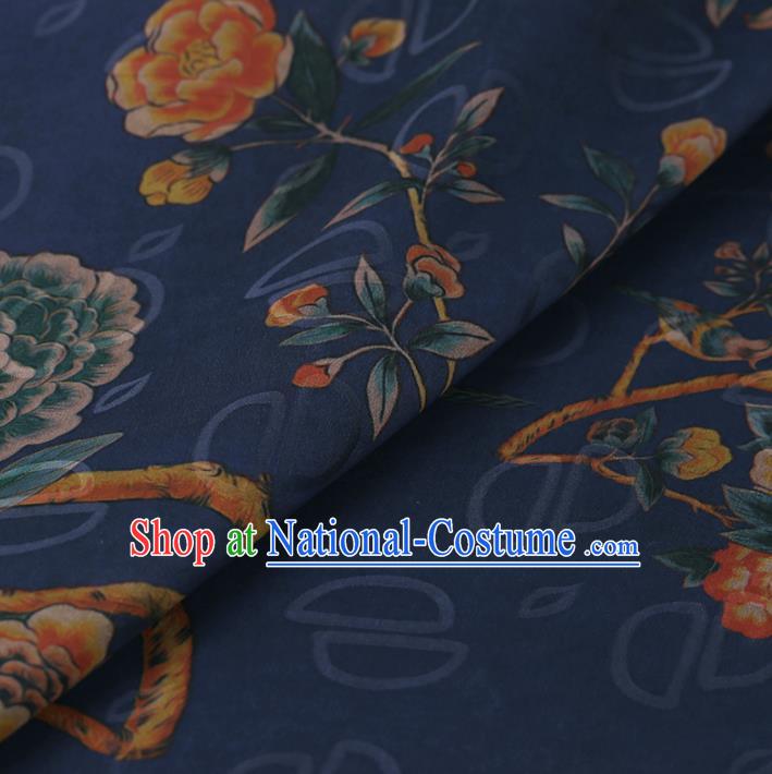 Chinese Traditional Peony Flowers Pattern Design Blue Satin Watered Gauze Brocade Fabric Asian Silk Fabric Material