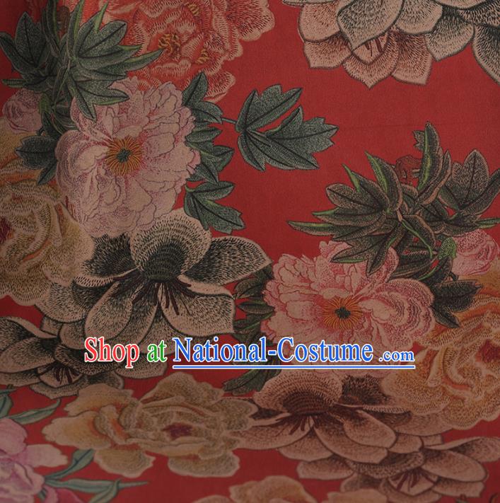 Traditional Chinese Classical Embroidered Peony Pattern Design Red Satin Watered Gauze Brocade Fabric Asian Silk Fabric Material