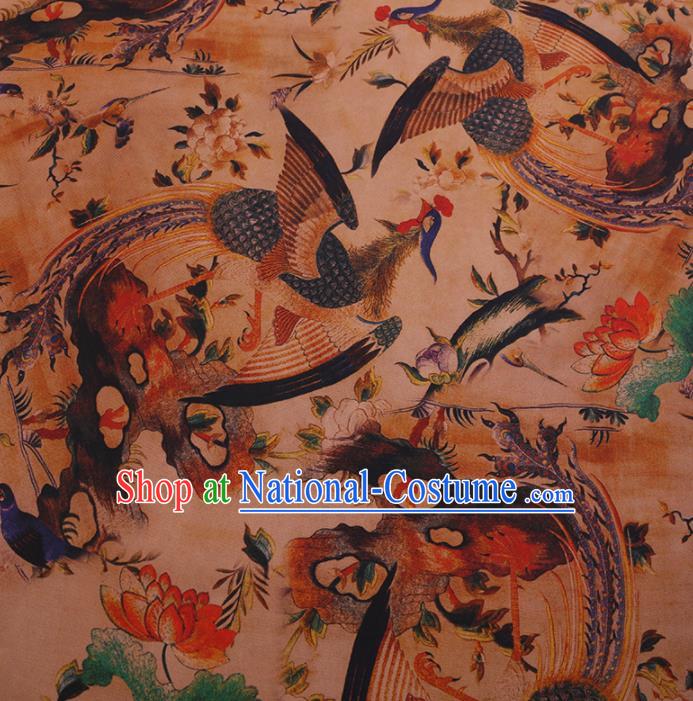 Traditional Chinese Satin Classical Phoenix Lotus Pattern Design Khaki Watered Gauze Brocade Fabric Asian Silk Fabric Material