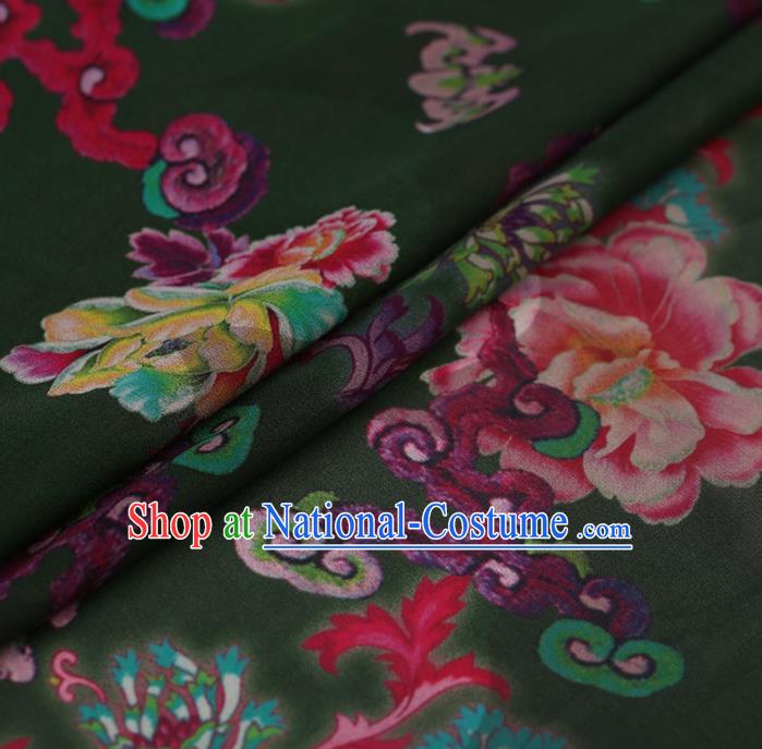 Traditional Chinese Satin Classical Peony Pattern Design Olive Green Watered Gauze Brocade Fabric Asian Silk Fabric Material