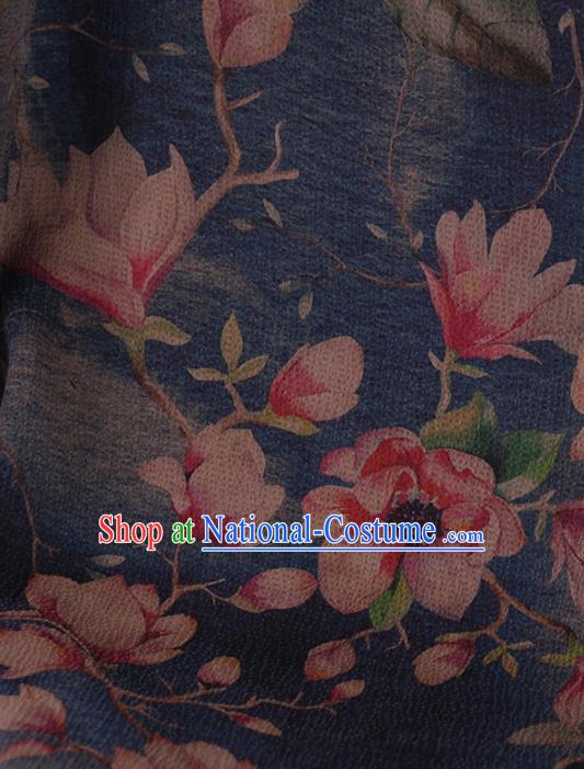 Traditional Chinese Classical Magnolia Pattern Design Blue Satin Watered Gauze Brocade Fabric Asian Silk Fabric Material