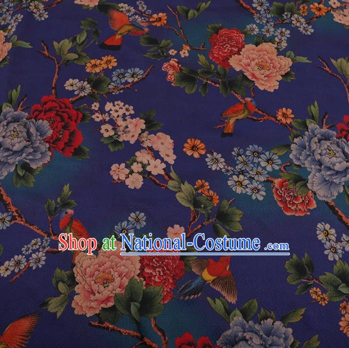 Traditional Chinese Classical Peony Plum Pattern Design Blue Satin Watered Gauze Brocade Fabric Asian Silk Fabric Material