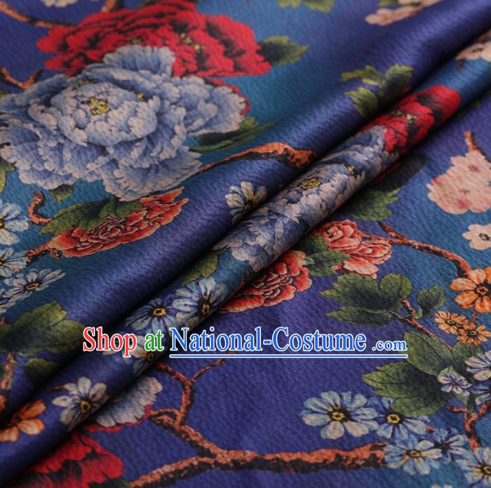 Traditional Chinese Classical Peony Plum Pattern Design Blue Satin Watered Gauze Brocade Fabric Asian Silk Fabric Material