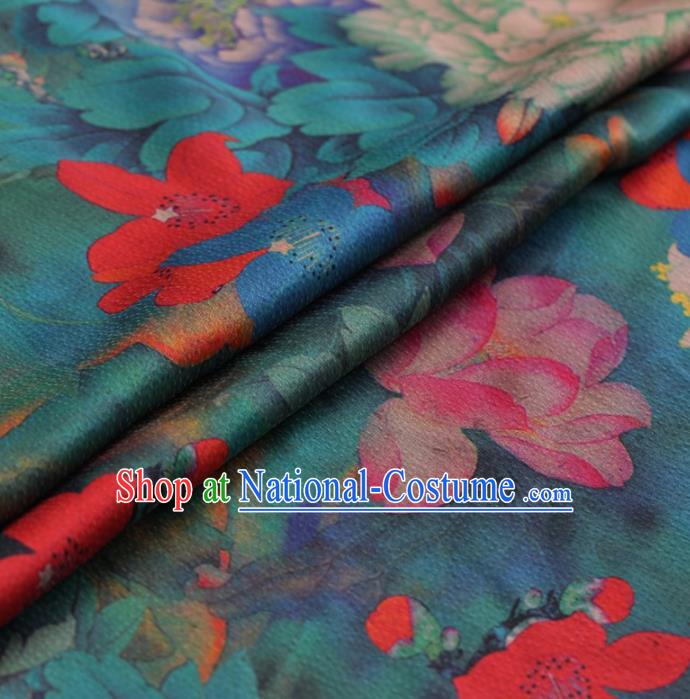 Traditional Chinese Classical Lotus Peony Pattern Design Green Satin Watered Gauze Brocade Fabric Asian Silk Fabric Material