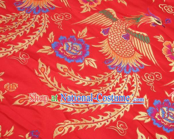 Chinese Classical Phoenix Peony Pattern Design Red Brocade Asian Traditional Hanfu Silk Fabric Tang Suit Fabric Material