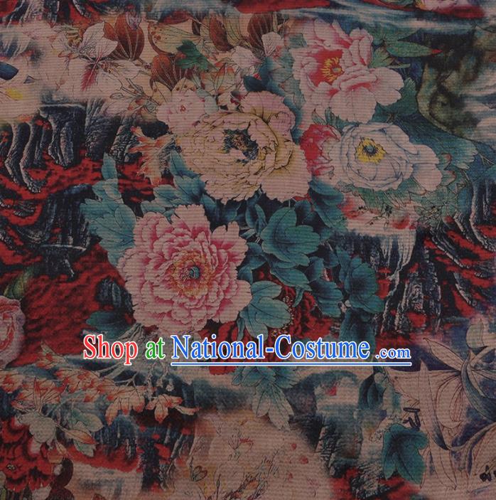 Chinese Traditional Peony Pattern Design Colorful Satin Watered Gauze Brocade Fabric Asian Silk Fabric Material