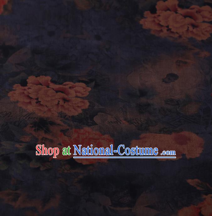 Traditional Chinese Classical Peony Pattern Design Navy Satin Watered Gauze Brocade Fabric Asian Silk Fabric Material