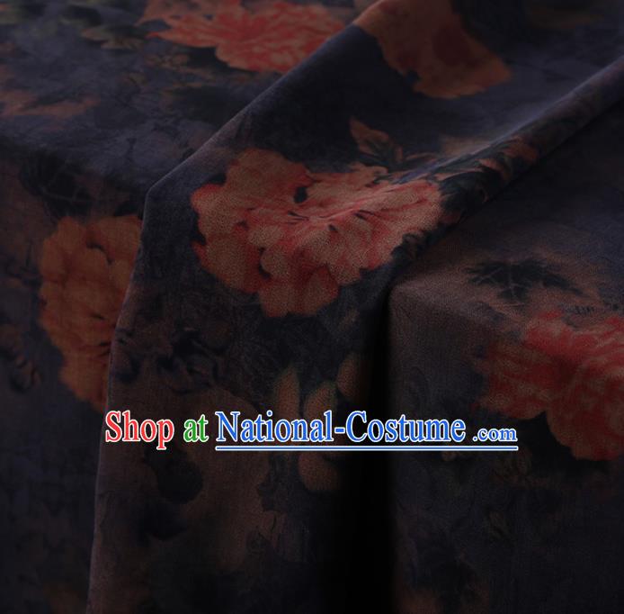 Traditional Chinese Classical Peony Pattern Design Navy Satin Watered Gauze Brocade Fabric Asian Silk Fabric Material