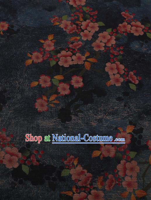 Traditional Chinese Classical Peach Flowers Pattern Design Navy Satin Watered Gauze Brocade Fabric Asian Silk Fabric Material