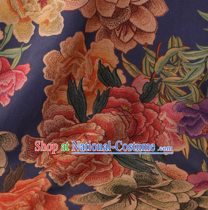 Traditional Chinese Classical Embroidered Peony Pattern Design Navy Satin Watered Gauze Brocade Fabric Asian Silk Fabric Material