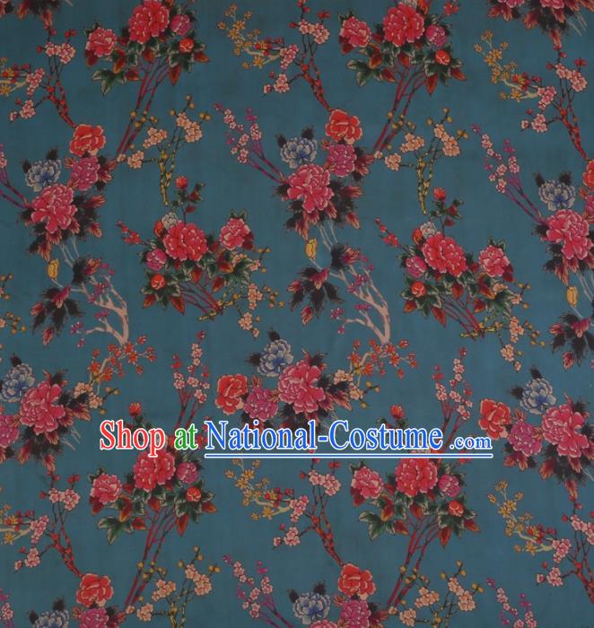 Traditional Chinese Classical Peony Pattern Design Peacock Blue Satin Watered Gauze Brocade Fabric Asian Silk Fabric Material